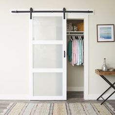 an open closet door with clothes hanging on hangers and a rug in the foreground