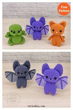 crocheted amigurt animals with different colors and sizes are featured in this free pattern