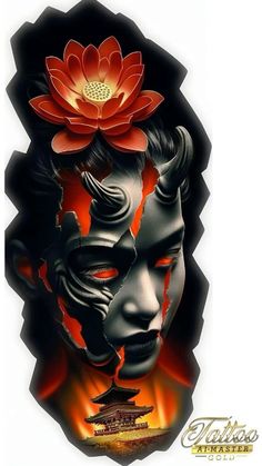 a woman's face with red flowers in her hair and an orange flower on her head