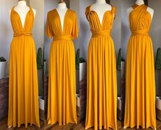 three different views of a yellow dress on mannequins in front of a white wall