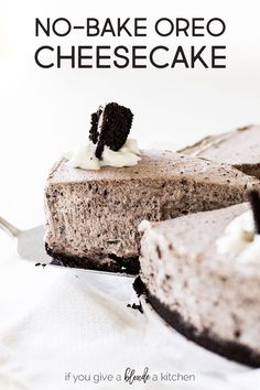 no - bake oreo cheesecake on a plate with a slice cut out