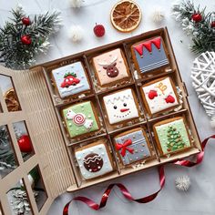 decorated christmas cookies in a box on a table