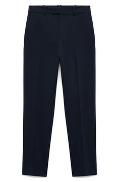 These perfectly polished pants are crafted in a straight-leg silhouette with a high waist and crisp creases. Zip fly with hook-and-bar closure Front slant pockets; back welt pockets Lined 76% polyester, 18% viscose, 6% elastane Machine wash, line dry Imported Suit Pants, Welt Pockets, Dark Navy, High Waist, Straight Leg, Mango, Size 12, Nordstrom, High Waisted