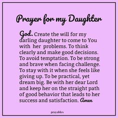 a poem written in purple and black with the words prayer for my daughter on it