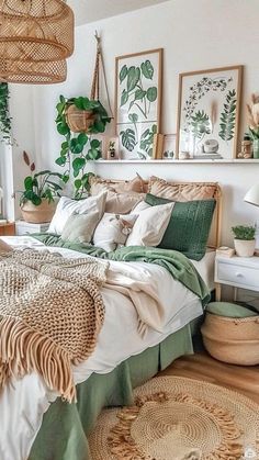 a bedroom decorated with plants and wicker baskets on the wall, bedding in neutral colors