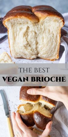 the best vegan brioche bread is cut in half and ready to be eaten