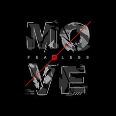 the logo for mcq fearless love, with red and white lines on black background