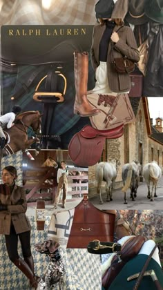 the collage shows many different types of purses and horses in front of a building