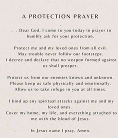 a poem written in black and white with the words protection prayer on top of it