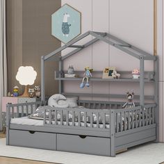 a child's bedroom with a gray bed and white rug