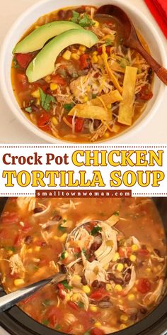 There's nothing like a bowl of this Crock Pot Chicken Tortilla Soup!  Loaded with healthy, delicious ingredients plus homemade corn tortilla strips, this fall soup recipe is a crowd-pleaser. So, grab your slow cooker and try this fall comfort food for dinner! Keto Tortilla Soup Crock Pot, Bjs Chicken Tortilla Soup Recipe, Easy Soup For A Crowd Crock Pot, Crockpot Soup With Chicken, Mexican Chicken Tortilla Soup, Chicken Taco Soup Crock Pot, Crockpot Chicken Tortilla Soup, Tortilla Soup Recipe Crockpot, Tortilla Soup Crockpot