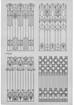 four different types of wrought iron gates with decorative designs on the sides and top, all in