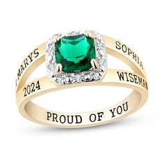 Celebrate your unique journey with pride and this personalized birthstone and diamond class ring. Select your choice of metal The 6.0mm princess-cut simulated birthstone of your choosing is surrounded by a cushion-shaped frame of diamonds Personalize the ribbons of the split shank with four lines of engraving, each eight characters max Complete the design with a message, 18 characters max, inscribed along the inside of the shank College Class Ring, Class Rings College, Class Rings High School, Class Rings, Graduation Jewelry, Diamond Frame, Split Shank, Princess Cut, Cute Jewelry