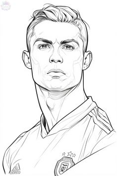 a black and white drawing of a soccer player with his head turned to the side