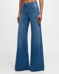 Versace Mid-Rise Stone Wash Denim Wide-Leg Pants Contemporary Dresses, Versace Outfit, Daytime Dresses, Donatella Versace, Trending Handbag, Gianni Versace, Wide Leg Denim, Ulla Johnson, Denim Wash