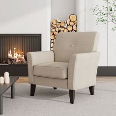 a living room with a fire place and a chair in front of the fireplace that has logs on it