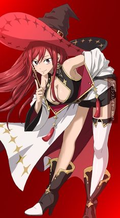 an anime character with long red hair wearing a witch costume and holding a broom in her hand