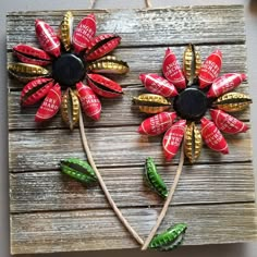 two red and green flowers made out of soda cans on a wooden board with string