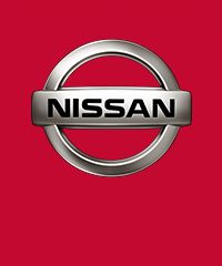 the nissan logo is shown on a red background with silver letters and an oval emblem