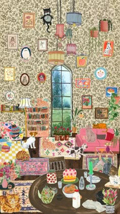 a painting of a living room filled with furniture