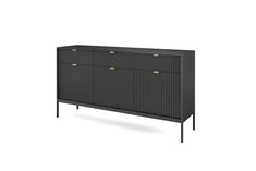 a black cabinet with two brass handles and three drawers on one side, against a white background