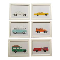 four framed pictures with different colored cars on them