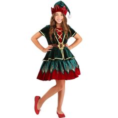 The Fun Costumes Kid's Deluxe Holiday Elf Costume Ready for a real holiday treat? All you've gotta do to celebrate the spirit of the season this year is to get your child into this Girls' Holiday Elf Costume. Exclusively Made By Us, this Holiday Elf ensemble started on the screen of one of our costume artists, and then our team of designers and developers artfully and expertly brought the costume to life. We think it's a dress perfectly suited for the North Pole and with its deluxe style upgrade Elf Eyes, Medieval Characters, Hr Department, Christmas Elf Outfit, Christmas Elf Costume, Elf Dress, Elf Cosplay, Wrapping Ribbon, Costume For Women