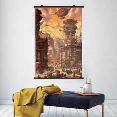 a painting hangs on the wall above a bench in a room with a blue ottoman