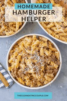 three bowls filled with homemade hamburger helper