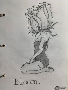 a drawing of a woman sitting on the ground with a flower in her hair and text bloom