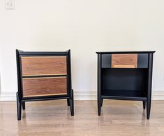 two wooden nightstands sitting next to each other on top of a hard wood floor