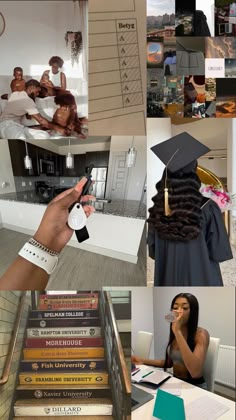 a collage of photos with people in graduation caps and gowns, books, and papers