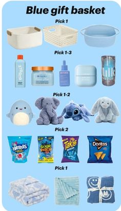 the blue gift basket is filled with items for baby's first - to - five years