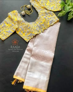 White Pattu Saree Blouse Designs, Peach Work Blouse, Yellow Maggam Blouse, Yellow Colour Blouse Maggam Work, Yellow Maggam Work Blouses, Yellow Saree Pink Blouse Maggam Work Designs, Mustard Yellow Blouse Maggam Work, Yellow Silk Blouse With Resham Embroidery, Yellow Blouse Designs