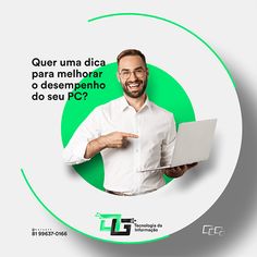 a man holding a laptop and pointing at it with the caption, que uma dica para melhore o desempanho do pc?