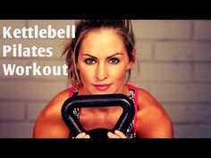 a woman holding a kettle with the words kettlebell pilates workout on it