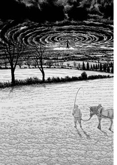 a drawing of two horses pulling a plow through a field with trees in the background