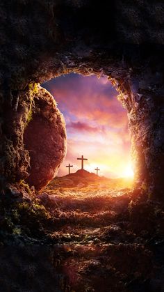 an image of jesus on the cross through a cave with three crosses in the background