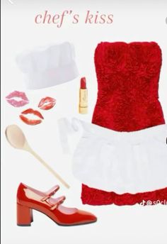 a woman's red and white outfit with accessories including lipstick, makeup brush, lip glosses, nail polish