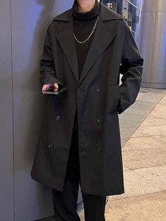 Free Returns ✓ Free Shipping✓. Manfinity Hypemode Men Double Breasted Lapel Collar Oversize Trench Coat- Men Trench Coats at SHEIN. Men Trenchcoat Outfit, Long Suit Jacket Men, Men In Long Coats Aesthetic, Trench Coat Fashion Men, Coats For Man, Trench Coat Summer, Black Trench Coat Outfit Men Casual, Male Clothes Style, Formal Clothing For Men