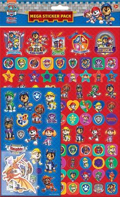 the paw patrol mega sticker pack is shown in various colors and sizes, including red