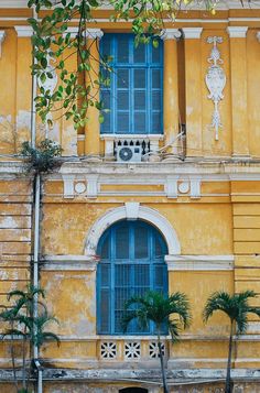 an old yellow building with blue windows and palm trees