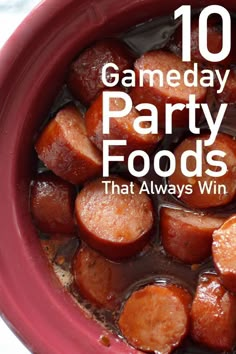 a red bowl filled with food and the words game day party foods that always win