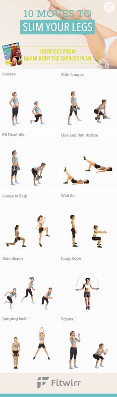 an image of a woman doing exercises for her legs and arms with the words 10 moves to slim your legs