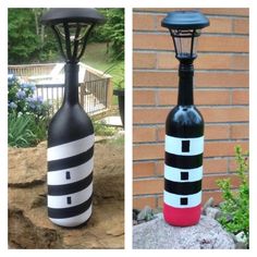 two different types of wine bottles painted to look like lighthouses