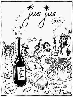 a black and white drawing of people celebrating with wine