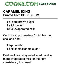 the recipe for caramel icing is shown in green and black font on a white background