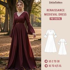 The digital sewing pattern is for V-Neck Maxi Medieval Dres. ➡️This pattern comes with an illustrated sewing guide with step-by-step instructions, making it super easy to make your own garment. If you're looking for a beginner-friendly project that will take 2 hours to make, then this is perfect for you! ➡️ US Sizes: 2, 4, 6, 8, 10, 12, 14, 16, 18, 20, 22, 24, 26, 28, 30 ➡️ Standard sizes: XS, S, M, L, XL, 2XL, 3XL, 4XL/5XL ➡️ These templates are suitable for A4, A0 and US Letter size paper. ➡️ Once your payment is processed, you will automatically receive download links for your template files. Please note that you can only download files from one computer; they won't work on a phone or iPad. ➡️This is a digital product. You will receive zip files containing the patterns and sewing instru Eowyn Dress Pattern, Ren Faire Skirt Pattern, Elvish Dress, Medieval Dress Pattern, Maxi Dress Pattern Sewing, Celtic Dress, Sewing Guide, Easy Dress Sewing Patterns, Gown Pattern