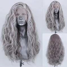 150Density Synthetic Lace Front Wig Highlight Silver Grey Wig Lace Wig Women Wig Grey Wig, White Highlights, Synthetic Lace Wigs, Body Wave Wig, Wig Making, Long Wigs, Synthetic Lace Front Wigs, Cosplay Wig