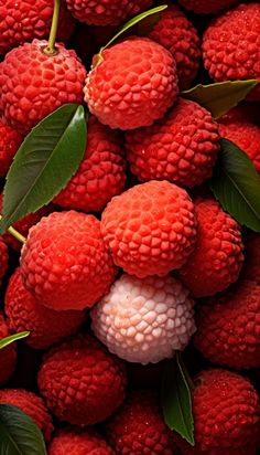 a bunch of raspberries with green leaves on them